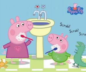 yapboz Peppa Pig ve George Pig diş yıkama